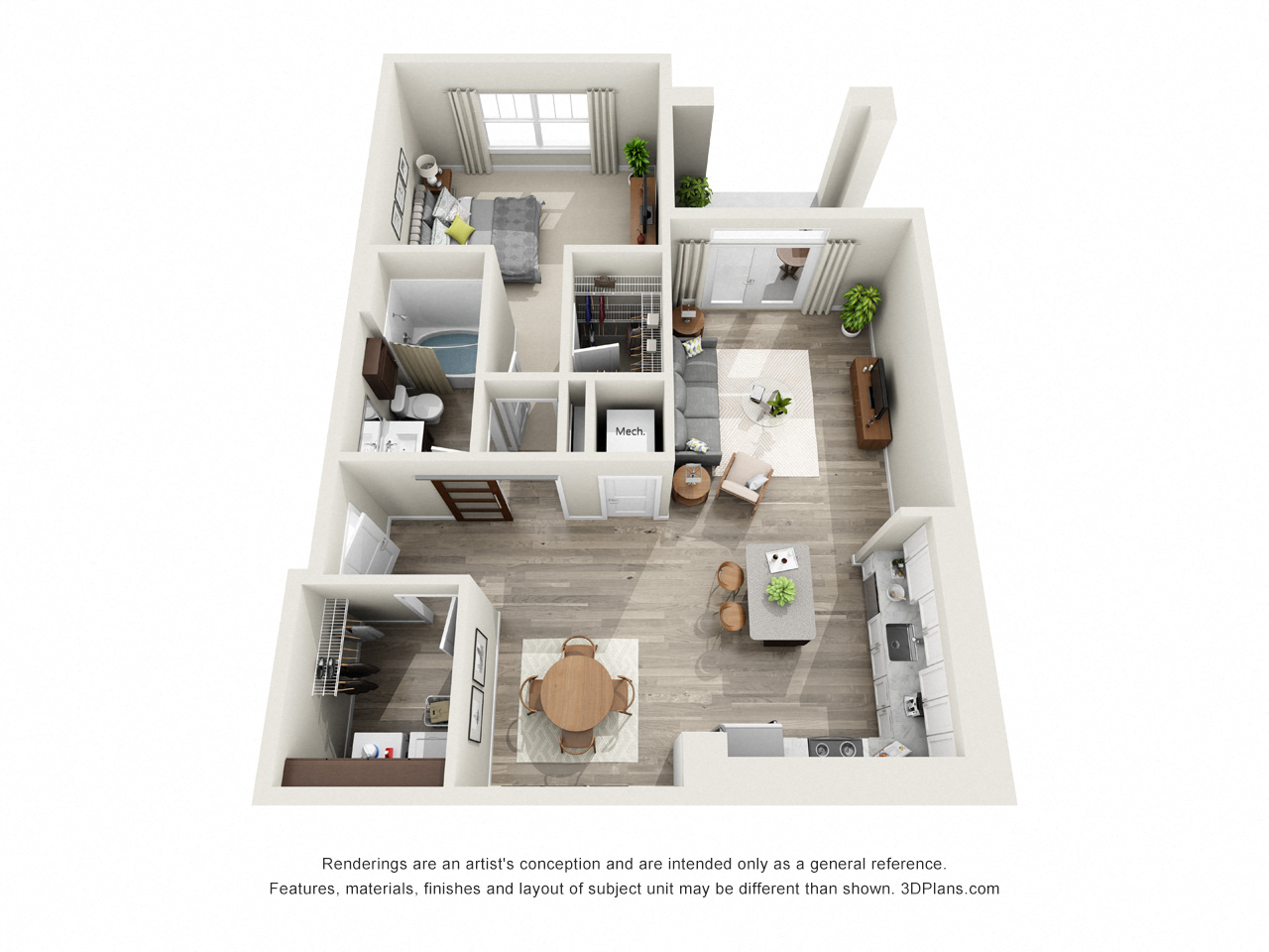 Floor plan for 1 bed, 1 bath, 839 sqft